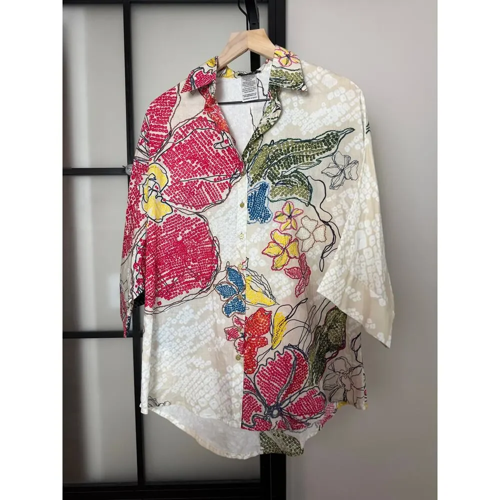 Saaksha & Kinni Cambric Cotton Periwinkle Bandhani Printed Batwing Shirt Sz Sm - Picture 1 of 6